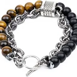 BEADFUSION BROWN - Natural Beads Bracelet for Men - Become Money Magnet - Black Tiger Eye Stone Colorful 7 Chakra Energy Stretch Bracelet (8inch)-image-56
