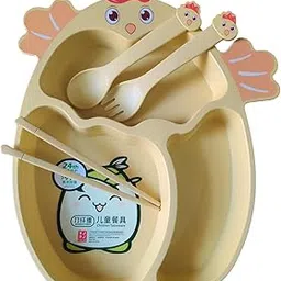 Shoppertize Bamboo Fiber Feeding Set for Kids – Cartoon Design Children Tableware Set, Utensils and Dishes Includes Plate Spoon, Fork and Chopsticks,Duck Plates for Kids Tableware Cutlery (Yellow)-picture-67