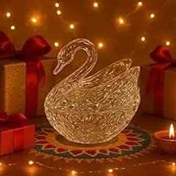 D4krezy Glass Swan Bowl Gift Hamper | Premium Crystal Swan Candy Jar with Luxury Chocolates & Diwali Sweets | Elegant Festive Décor & Gifting Bowl – Transparent Crystal (Pack of 1) image 1