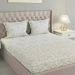 Raymond Home Cotton Rich Floral King Size Bedsheet with 2 Pillow Covers, 274 x 274 cm, Green and Gold, 120 TC-picture-22