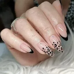 Set Of 14Pc, Glossy French Tip, Press-On Nails, Leopard Print Design, Black Tips, Long Almond, Nail Extensions With Free Glur Kit-image-68