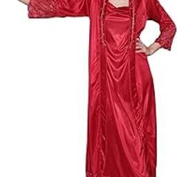 house of elorra Soft Satin Nightdress Swarvoski Crystals Work Women Nighty with Lace & Robe-picture-31