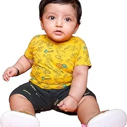 Relaxed-Fit Trendy T-Shirt and Short Set for Baby Girls | Cotton | Yellow/Green | 9-12 Months | KIDS13992-image-28
