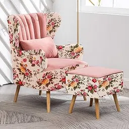 THE CRAFTED STORE - Modern Wing Chair with Ottoman, Arm Chair with Cushion, Foot Rest Velvet High Back Chair for Living Room, Bedroom, Office (Pink Printed) image 1
