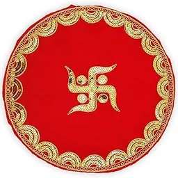 (13 Inch) Embroidered Round Red Velvet Cloth for Pooja and God Idol/Puja Tahli Cover/Thalposh/Chawki Altar Red Puja Cloth for Mandir, Temple and Other Puja Rituals - Pack of 1-picture-15