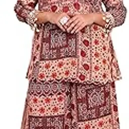 deebaco Women's Floral Chiffon Ankle Length Crop Top with Tunic & Palazzo|V-Neck|Cord Set for Women Fashion|Long Western Dress for Women Stylish|Latest Three Piece Co ord Set|Casual Wear(Multicolor)-picture-24