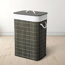 iBELL Foldable Square Bamboo Laundry Basket with Lid | Sustainable & Eco-Friendly | Travel Essential | Solid Laundry Basket | Easy to Carry (1 Pc, Grey Finish) image 1