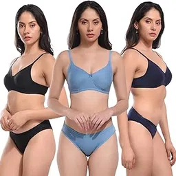 Cotton Non Padded Bra Panty Set Women Everyday Lingerie Set| Push up Bra Panty Set|Panty Bra Set for Women Pack of 3-image-10