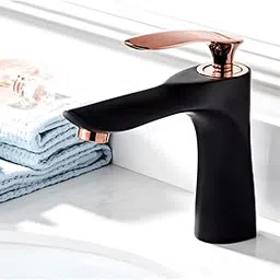 AQUAKART Black Rose Gold Faucet Tap Mixer Hot and Cold Water Heavy Single Lever Basin Mixer 7 inches with Connector Pipes and Ceramic Cartridge for Bathroom Wash Basins-image-45