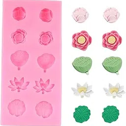Skytail 10 Slot Lotus Pond Silicone Candle Mould for Candle Making Aromatherapy Lotus Candle Mini Wax Melts Home Decorations Mini Flowers Fondant Clay Topping Resin Gum Paste Sugar Craft image 1