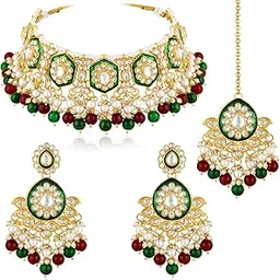 peora Gold Plated Kundan & Beads Studded Necklace Earrings Maangtikka Set Ethnic Jewellery Gift for Women & Girls-picture-32