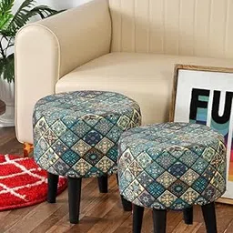 Ottoman for Living Room Set of 2 Printed Stool Pouffes Pouf for Sitting Furniture Footrest Foam Upholder Round Feet Rest Muddha for Office Home Décor (16 x 16 x 18) Inches, Jaipuri Blue-image-47