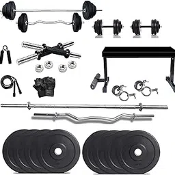 Rubber Home Gym Combo with 20 Kg Rubber Weight Plates,Rods(Heavy Gauge) for Home Gym Set Body Strength Training Exercise Set with Gym Acc. & Flat Bench with Leg Support-picture-40