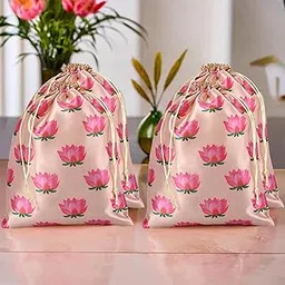 Kuber Industries Pack of 4 Potli Bags | 9x12 Inch | Drawstring Closure | Return Gifts | Wedding-Party | Wallet | Baby Shower | Lotus Print | Cream-picture-24