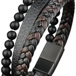 amaal Bracelet for Men Black Leather Bracelet for boys Magnetic-Clasp Leather Mens Beads Bracelet Evil eye Bracelets for Men Stylish Combo Silver Stainless Steel Birthday Gift Anniversary Husband A665-picture-21