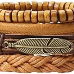 vientiq Bohemian Style Oxidized Silver Leaf Multistring Brown Wrap Bracelet for Men-picture-57