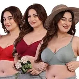 INKLEIDER Women Cotton Blend Non Padded Non-Wired Colored Designer Regular Bra (Pack of 3) Grey-Maroon-Red 30C-picture-40