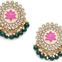 karatcart Gold Plated Pink Meena Green Beads Kundan Stud Earrings for Women-picture-25