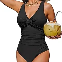 holipick One Piece Swimsuit for Women Vintage V Neck Twist Bathing Suit Tummy Control Slimming Monokini, Black, Small-picture-45