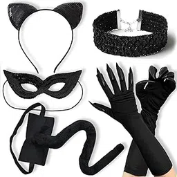 GZRC-YDDK 6 Piece Costume Accessories Kit, Cat Ears Set for Women, Masquerade Mask with Cat Ears Hairband, Halloween Mask for Women,Including Gloves and Neck Warmer, Used for Halloween performances.-picture-10