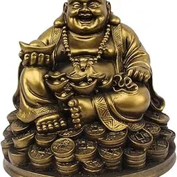 Petrichor Resin Fengshui Figurine Laughing Buddha Sitting on Luck Money Coins Carrying Golden Ingot for Good Luck & Happiness (5 Inches,Gold, 1 Piece) - Home Deocration Gifting (Made in India)-image-88