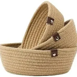 BASEMENT TO ATTIC DECOR Jute Cotton Set of 3 small, medium,large Fruit Basket for Dining Table - Elegant Basket for Storage, Decorative Basket for Home, Kitchen, and Living Room (Beige)-picture-31