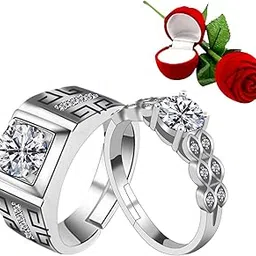 Silver Plated Adjustable Couple Rings Set for Lovers Ring with 1 Piece Red Rose Gift Box for Men and Women-image-43