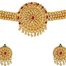JFL - Jewellery for Less Traditional Latest One Gram Gold Plated Red,Green Ruby Red Color Stone Studded Choker Necklace Set for Women & Girls.-picture-58