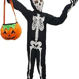 BookMyCostume Scary Ghost Bhoot Skeleton Printed Body Suit with Mask and Gloves with Pumpkin Basket Halloween Costume for Theme Party for Boys | Kids 7-8 Years-image-3