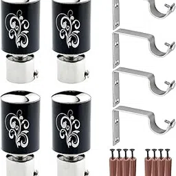 GRIVAN Stainless Steel Curtain Brackets Parda Holder with Support 1 Inch Curtains Rod Pocket Floral Print Door and Window Curtain Holders and Rod Support Fittings (Black, Pair of 2)-picture-29
