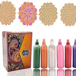 CraftVatika Set of 6 Rangoli Colour Powder Tube Kit with 4 Rangoli Templates Stencils Diwali Decoration Items Bottles Tool Floor Art Rang for Home Navratri Pongal Pooja Mandir Decor-picture-31