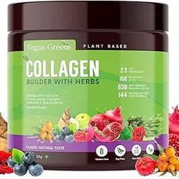 Vegan Greens Natural Collagen Builder With Herbs. (Vitamin C, Silica, Biotin & Antioxidants from 22 Plants, Fruits & Herbs) For Anti Ageing, Skin Glow & Skin Elasticity. (125g, Classic Natural Taste) image 1