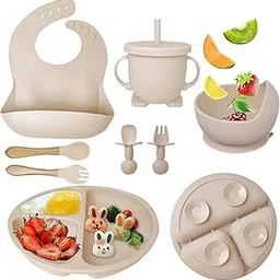 Richtots Premium Silicone Baby Feeding Set, Complete 8-Piece Baby Led Weaning Set | Baby Feeding Product,Suction Plate, Bowl,Cup, 2 Spoon, 2 Fork and Bib for Baby Sky Blue (Cream)-picture-63