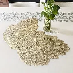 LaVichitra Golden Designer Metallic Leaf Shape Placemats Table Mats for Dining Table Dining Kitchen Restaurant Table Mats (Set of 2, PVC, Gold)-image-87