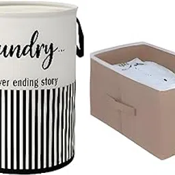 Foldable Laundry Basket with Lid & Shirt Organizer Box | Collapsible Storage Bin for Clothes, Blankets, Shirts | Sturdy Non-Woven Fabric | Space-Saving with Handles – Set of 2 (grey and brown)-image-95