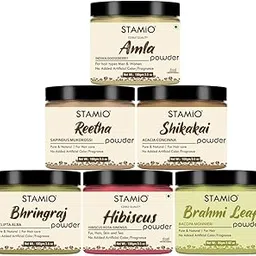 STAMIO Hair Care 6 Products Combo - Brahmi Amla Reetha Shikakai Bhringraj Hibiscus Powder for Mask, Pack, Anti-Dandruff, Shine | Natural Powders Kit | In Jar 580 gm (100gm X 5 + 80gm)-picture-17