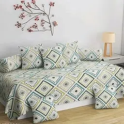 HOMICON Premium Cotton 8 Pieces Diwan Cover Set with 1 Single Diwan Bedsheet, 2 Bolster Covers and 5 Cushions Cover, Geometric (White & Green)-image-83