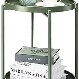 INDIAN DECOR 89202 Metal Side 2 Tier Table with Removable Tray, Folding End Table Outdoor Side Table Small Accent Table, Anti-Rust Green Nightstand for Bedroom Balcony Patio (Dark Green)-picture-13