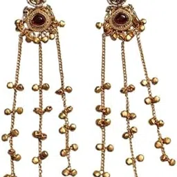Prikasa Kashmiri Jhumkas | Floral Earrings With Pearl & Red Stone Studded with Ghungroo Chains For Women | Traditional Antique Gold Plated Danglers | Long Ghungroo Strings | Tranditional Wear-picture-10