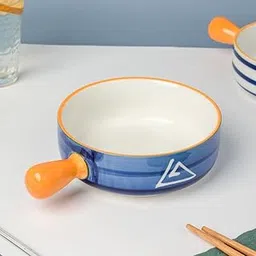 Nestasia Ceramic Snack Bowl with Handle | White & Blue Serving Bowl with Yellow Handle | Microwave & Dishwasher Safe Big Bowl Perfect for Snacks, Noodles, Salads, Soup, Baking (700ml)-image-6