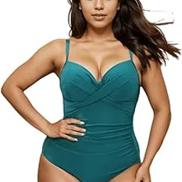 womanlikeu PolySpandex Teal Plus Size Monokini | Teal One-Piece Swimsuit | Padded (in-Built with Underwire) | Swimming Costume for Women | Swimwear | Sizes: L to 4XL image 1