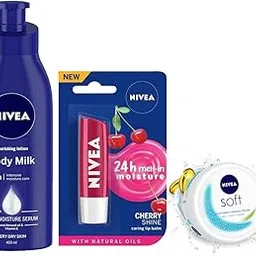 NIVEA Body Milk Nourishing Lotion, 400 ml, Soft Light Moisturiser, 50 ml, and Cherry Shine Lip Balm, 4.8 g (3 Items in the set)-picture-22