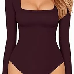 mangopop Women's Square Neck Short Sleeve Tops Bodysuit Jumpsuit (Long Sleeve (Burgundy), X-Large)-picture-48