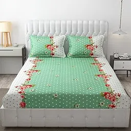Amber Trading Company 210TC Glace Printed Cotton Bedsheet for Double Bed Perfect for King Size BedSheet - Includes 1 Double Bed Sheet and 2 Pillow Covers (Green White)-image-7
