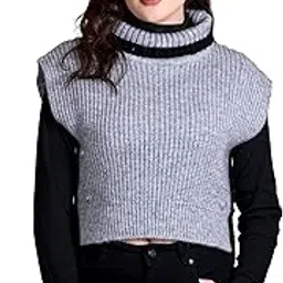 513 Girls Womens Acrylic Knitted Self Design Side Open High Neck Winter Wear Cardigan Poncho Grey-picture-11