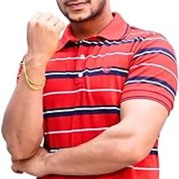 usual Regular Fit Half Sleeve Polo T-Shirt, Striped Rich Cotton Ribbed Collar Blood Red with Navy & White Stripes Polo Tee| Trendy Men-picture-40