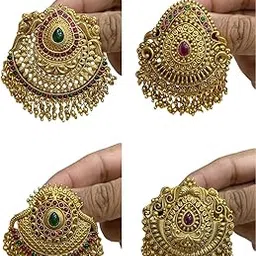 Seyon Ruby & Emerald Stones GOld Plated Matt Finish Short Single Layer Jada Billai 4pcs For Hair image 1