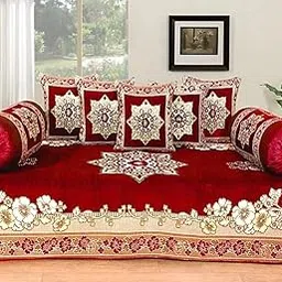 Fresh From Loom Velvet Floral 500 TC Diwan Set Red - 1 Single Bedsheet with 2 Bolster Covers and 5 Cushion Covers (8pc Set)-picture-12