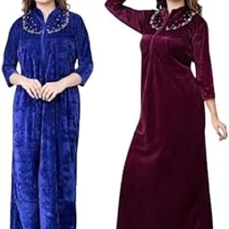 Fashion Solid Shaneel Velvet Warm Fabric Women Maxi Nighty/Sleepwear (Pack of 2)-image-0