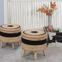 ShadowKart Sitting Solutions for Home - Wooden Frame Round Ottomans | Ottoman for Living Room Set of 2 for Sitting | Bedroom, Study & Makeup Table, 16x16x18 Inch (Combo Jute-Black-Dot)-picture-12